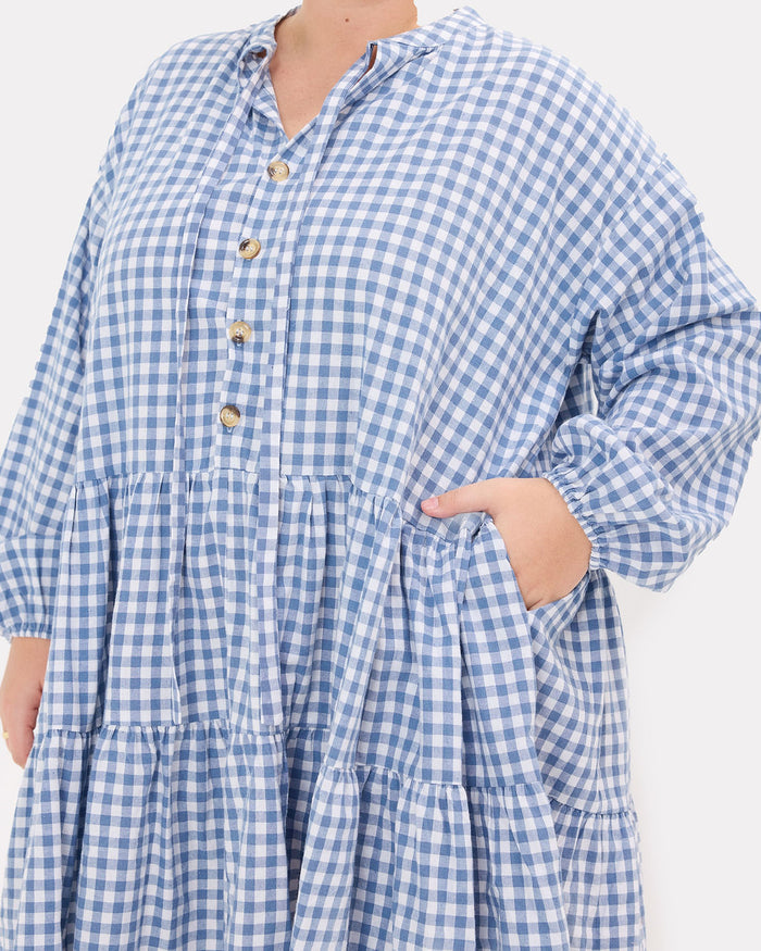 Avalon Smock Dress in Blue Gingham - Functional Pockets - The Lullaby Club