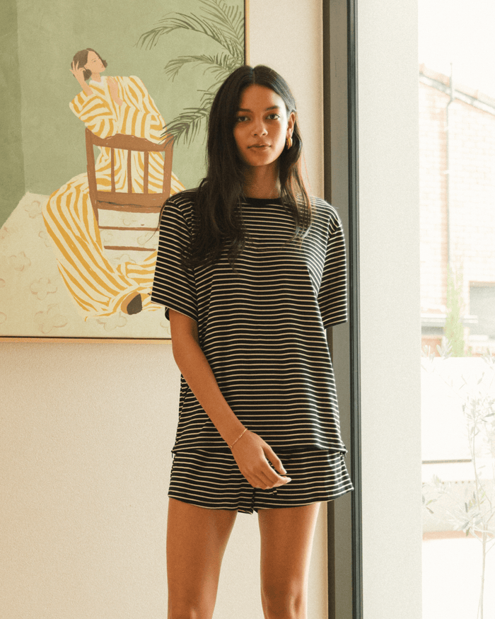 FINAL SALE | Essential Shorts | Black & Beige Stripe
