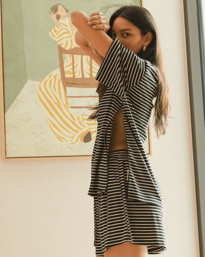 FINAL SALE | Essential Shorts | Black & Beige Stripe