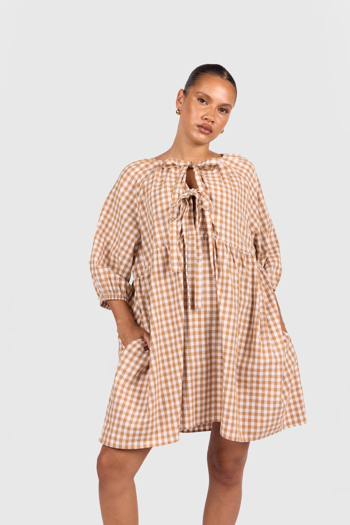 FINAL SALE | Florence Mini Dress | Caramel Gingham