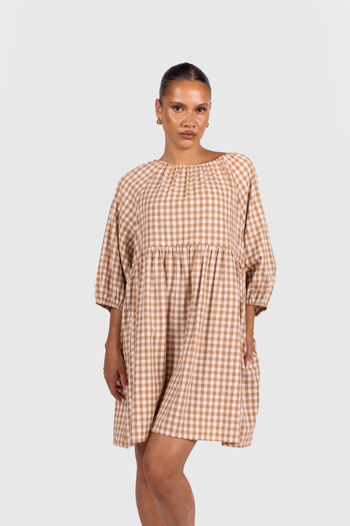 FINAL SALE | Florence Mini Dress | Caramel Gingham