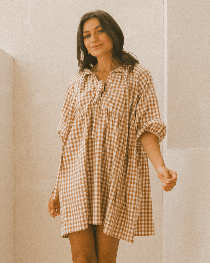 FINAL SALE | Florence Mini Dress | Caramel Gingham