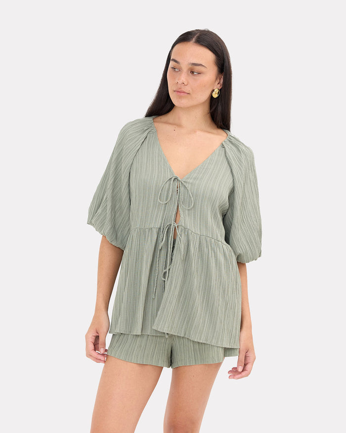 Frankie Top in Green Crepe - Front Tie Detail - The Lullaby Club