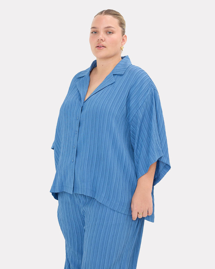 Lacey Shirt in Dark Blue Crepe - Maternity & Postpartum Friendly Top - The Lullaby Club