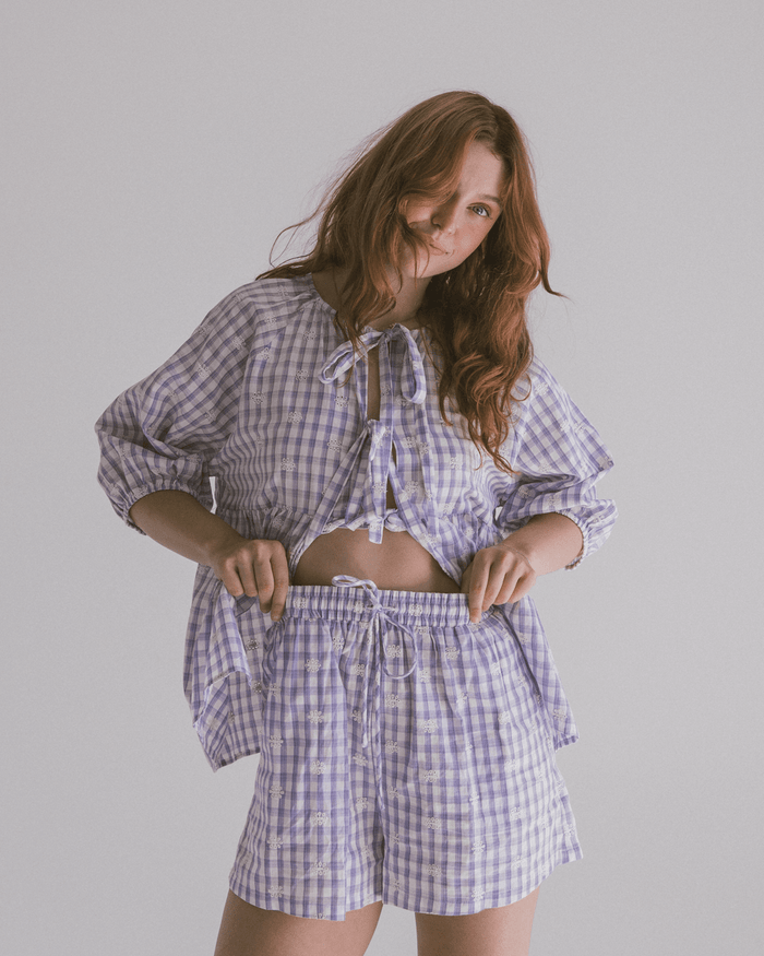 FINAL SALE | Matilda Shorts | Lavender Gingham Embroidery