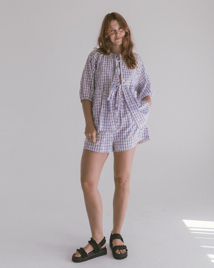 FINAL SALE | Matilda Shorts | Lavender Gingham Embroidery