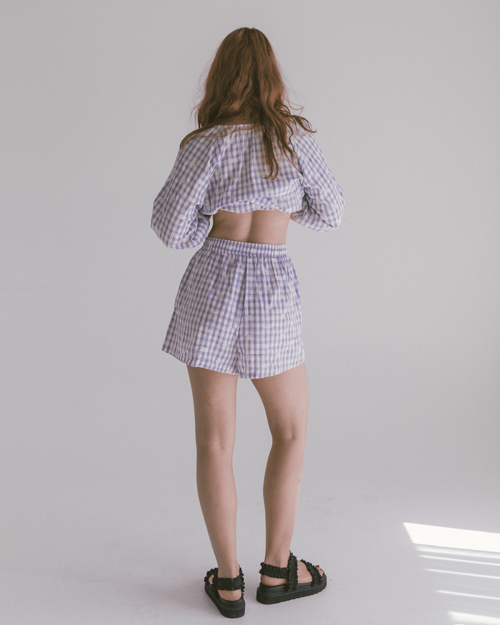 FINAL SALE | Matilda Shorts | Lavender Gingham Embroidery