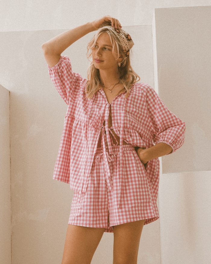 Pink Gingham Maternity Shorts for Pregnancy & Postpartum - Plus-Size Friendly