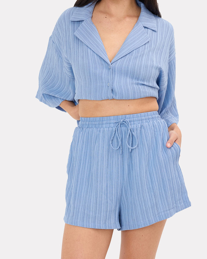 Matilda Shorts in Sky Crepe - Adjustable Elastic Waistband - The Lullaby Club