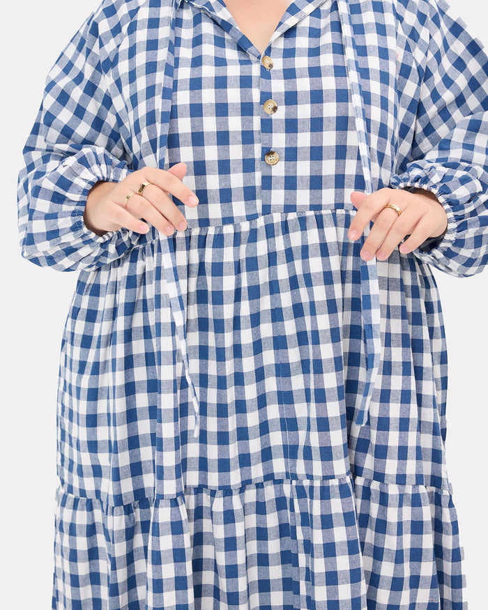 Maxi Avalon Smock Dress in Blue Gingham - Breastfeeding Access - The Lullaby Club