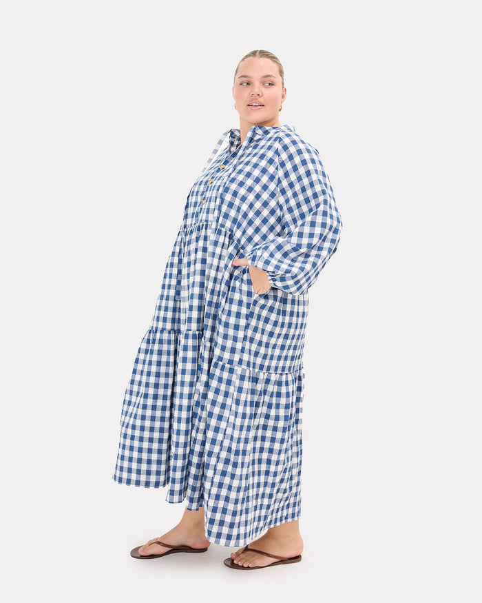 Maxi Avalon Smock Dress in Blue Gingham - Functional Pockets - The Lullaby Club