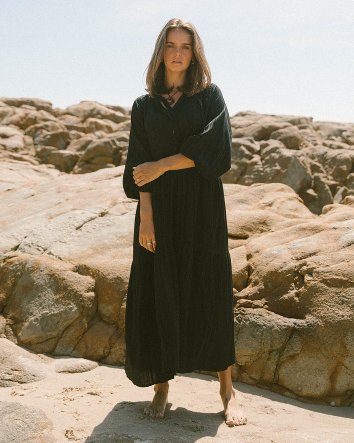 FINAL SALE | Maxi Ruby Smock Dress | Black Crepe