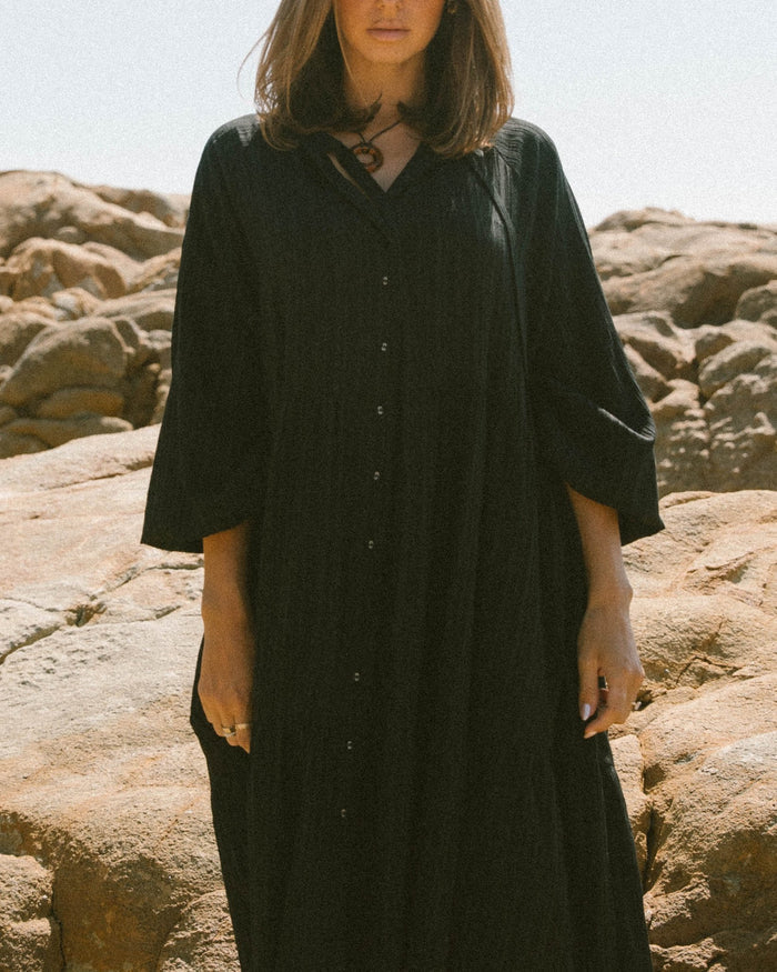 FINAL SALE | Maxi Ruby Smock Dress | Black Crepe