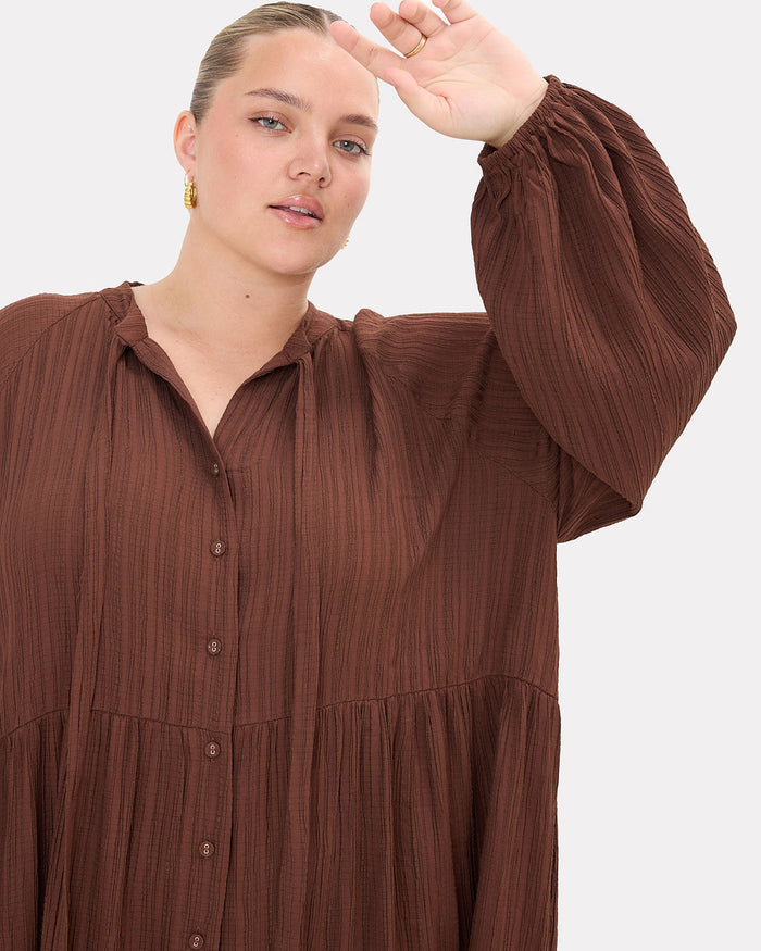 Ruby Maxi in Brown Crepe - Button Down Front - The Lullaby Club