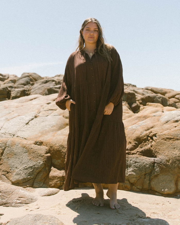 FINAL SALE | Maxi Ruby Smock Dress | Brown Crepe