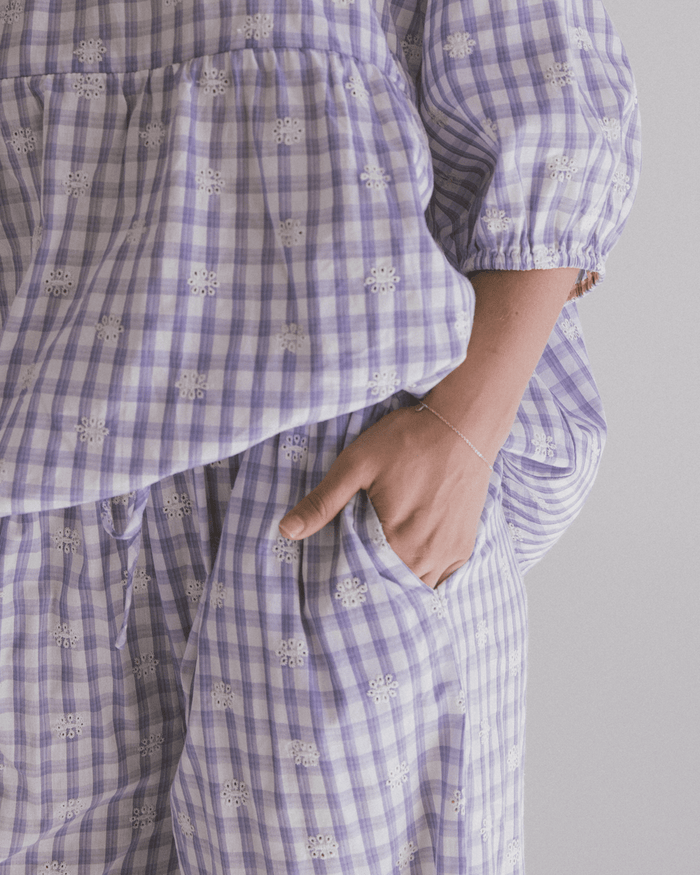 FINAL SALE | Posey Pants | Lavender Gingham Embroidery