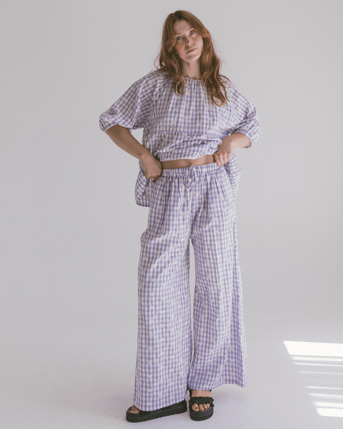 FINAL SALE | Posey Pants | Lavender Gingham Embroidery