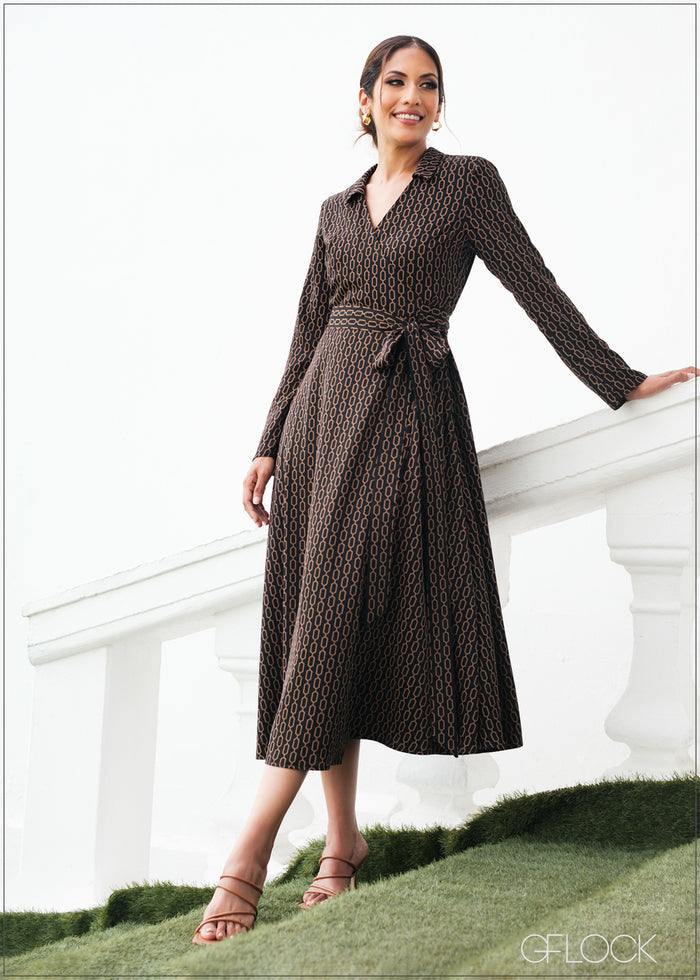 Flare Sleeved Wrap Tie Up Midi Dress - 180823