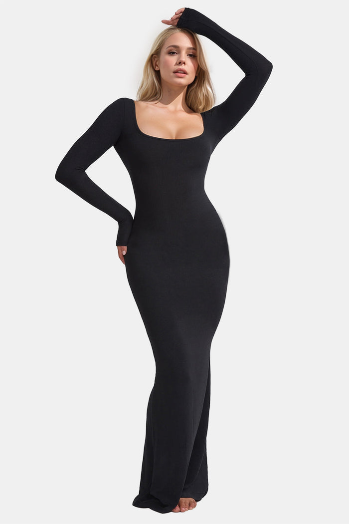 Flattering Shapewear Maxi Dress with Square Neck & Long Sleeves