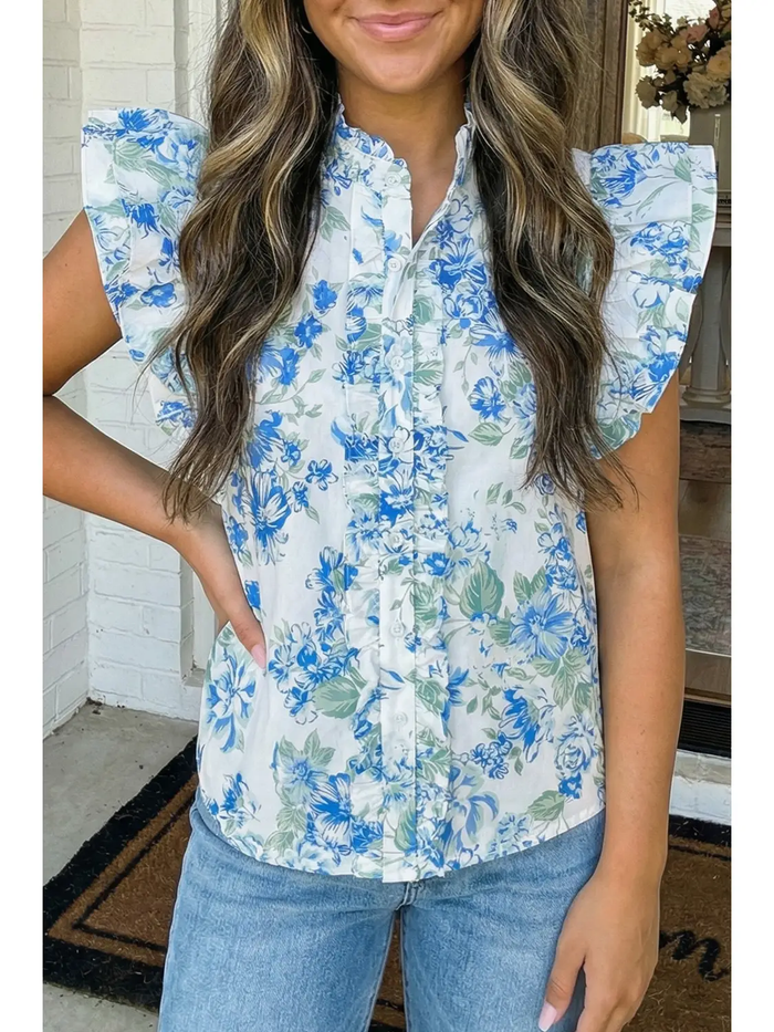 Floral Print Ruffle Sleeve Blouse - Greige Goods