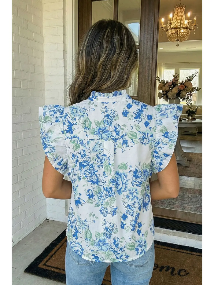 Floral Print Ruffle Sleeve Blouse - Greige Goods