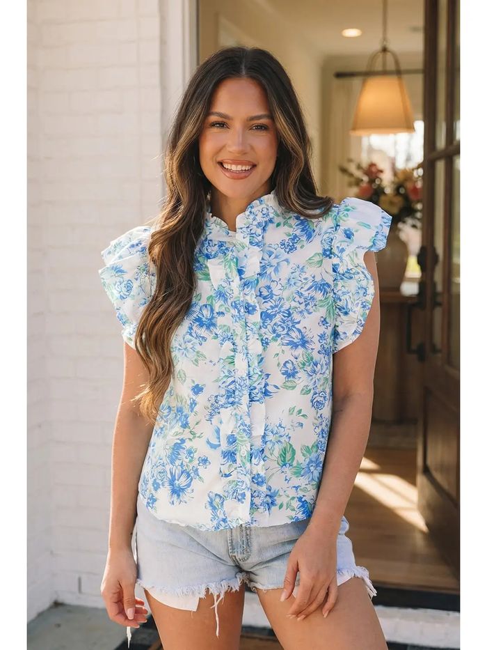 Floral Print Ruffle Sleeve Blouse - Greige Goods