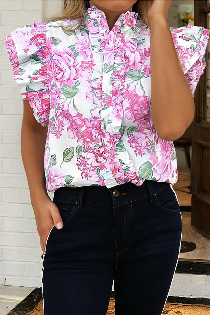 Floral Print Ruffle Sleeve Blouse - Greige Goods
