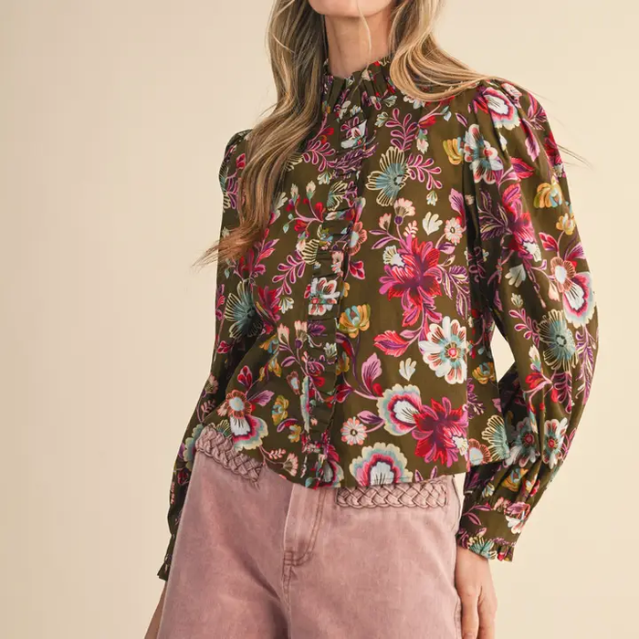 Floral Print Ruffled Button Down
