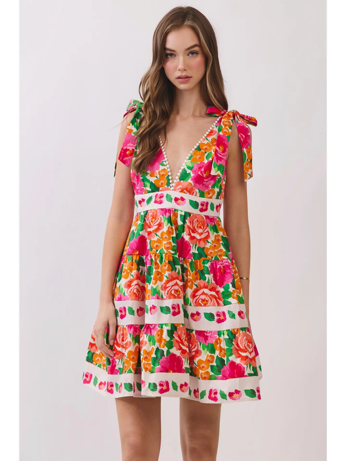 Floral Print Tie Shoulder Mini Dress