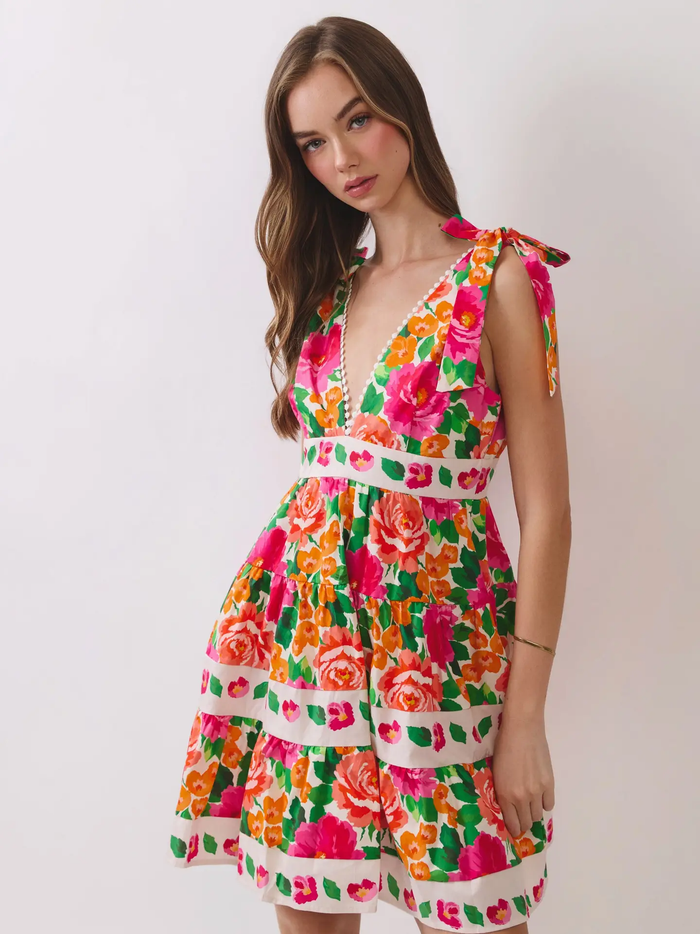 Floral Print Tie Shoulder Mini Dress