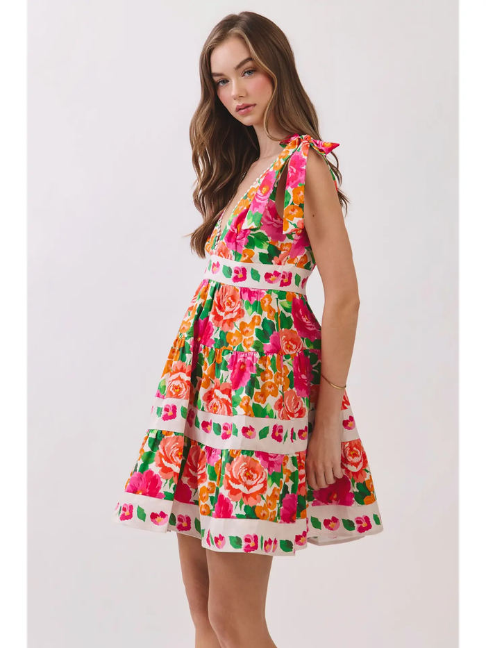 Floral Print Tie Shoulder Mini Dress