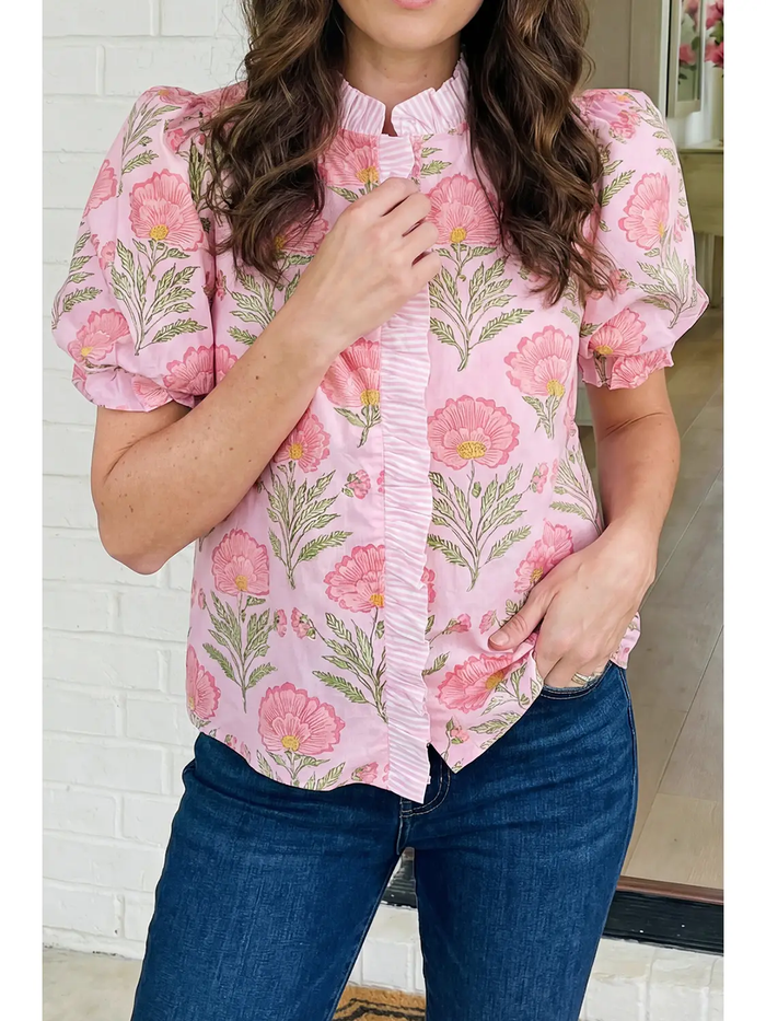 Floral Ruffle Striped Top - Greige Goods