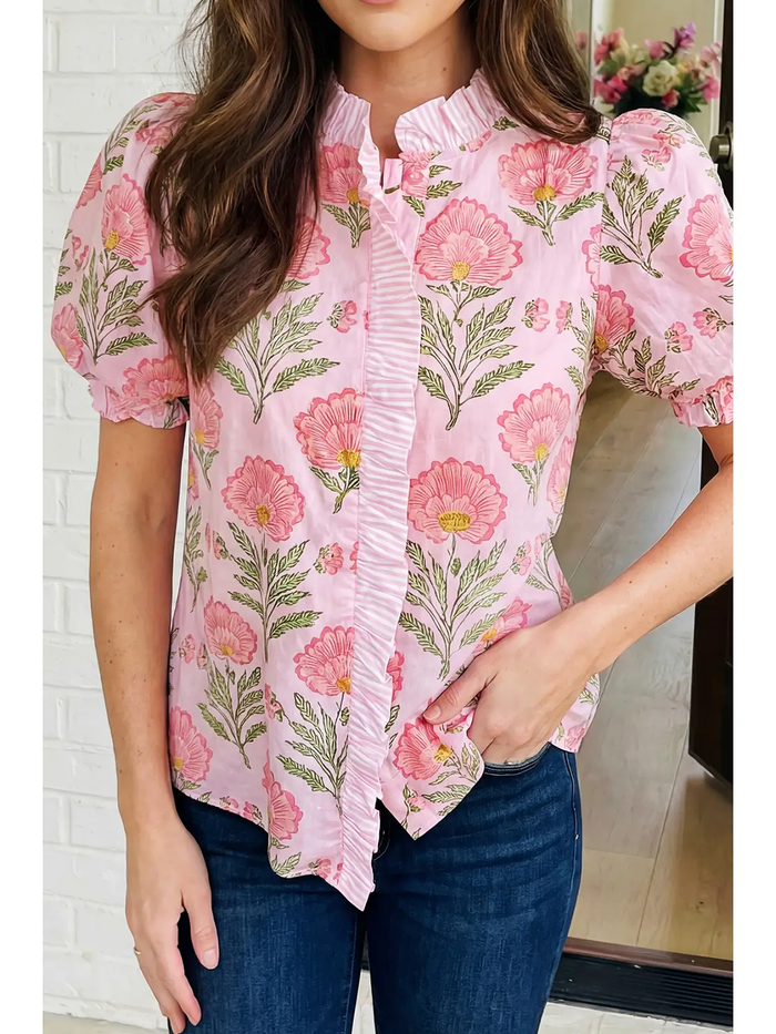 Floral Ruffle Striped Top - Greige Goods