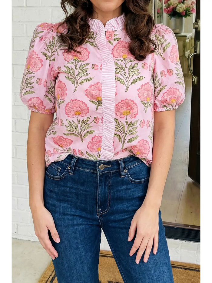 Floral Ruffle Striped Top - Greige Goods