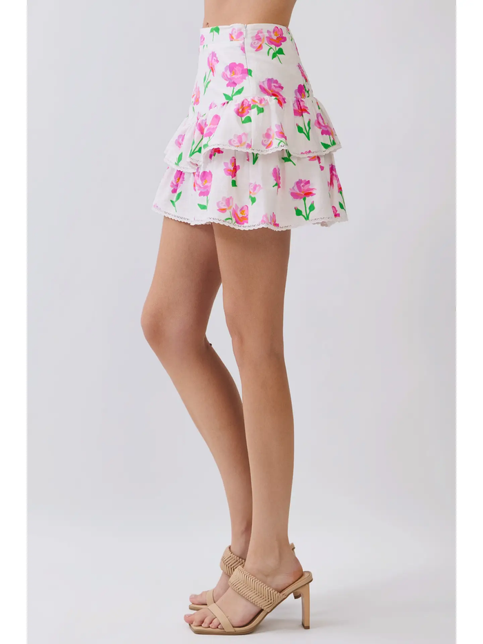 Floral Tiered Ruffle Trim Mini Skirt