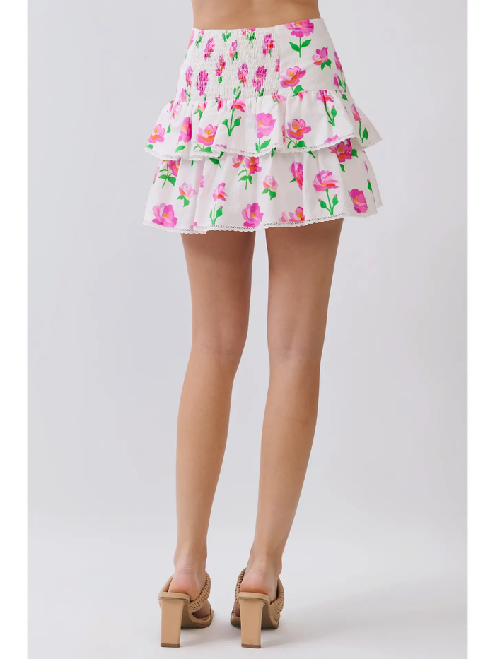 Floral Tiered Ruffle Trim Mini Skirt