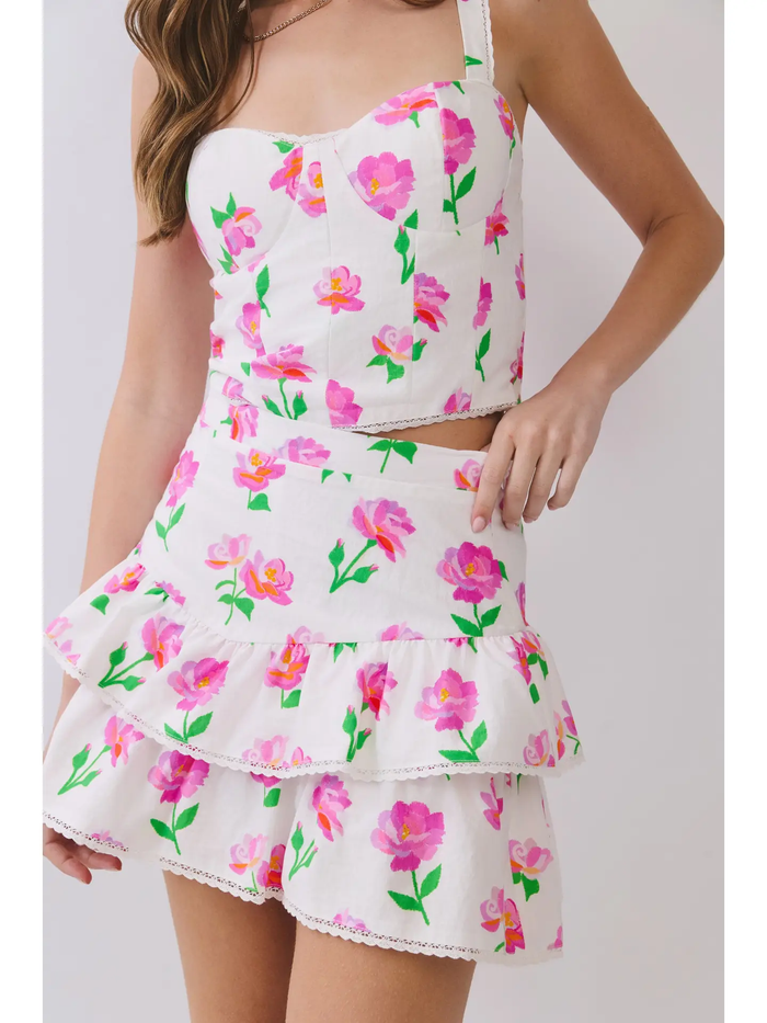 Floral Tiered Ruffle Trim Mini Skirt