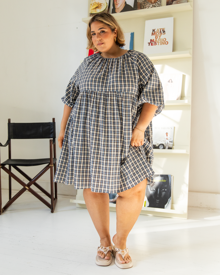 Florence Mini Dress in Denim Gingham - Extended Size Range AU 6-26 - The Lullaby Club
