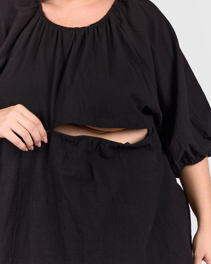 Close up of black peplum top with hidden breastfeeding zip.