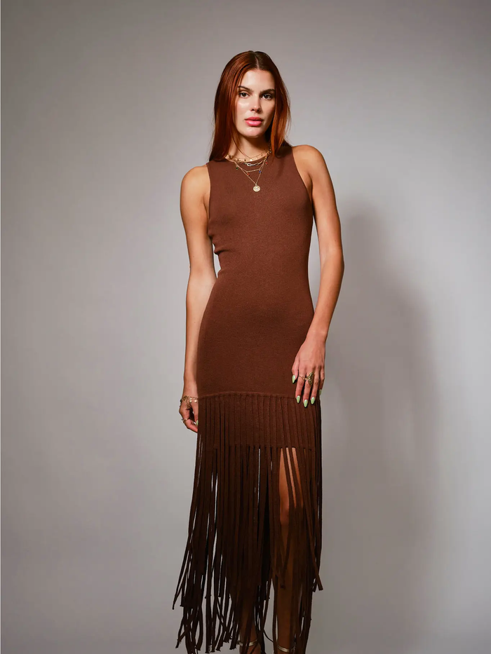 Fringe Hem Knit Maxi Dress - Greige Goods