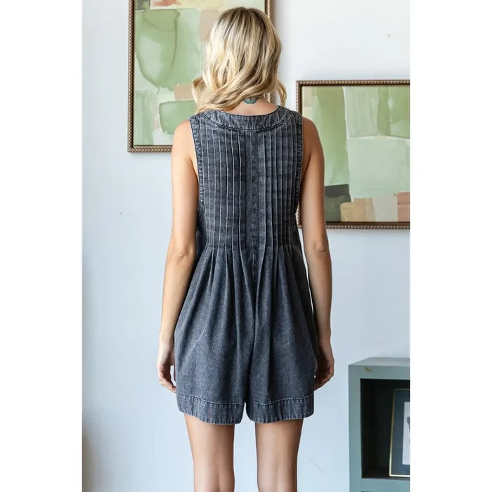 Front Pleated Denim Romper - Greige Goods