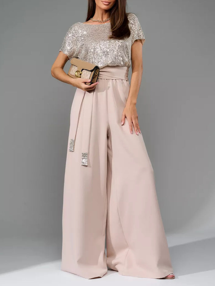Full Size Sequin Round Neck Short Sleeve Wide-Leg Jumpsuit