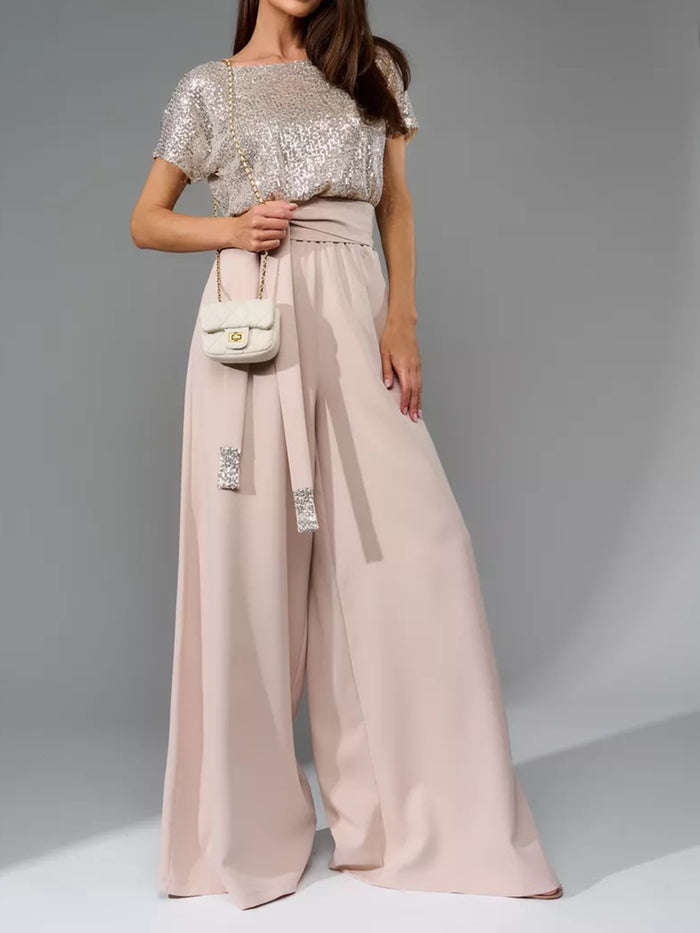 Full Size Sequin Round Neck Short Sleeve Wide-Leg Jumpsuit