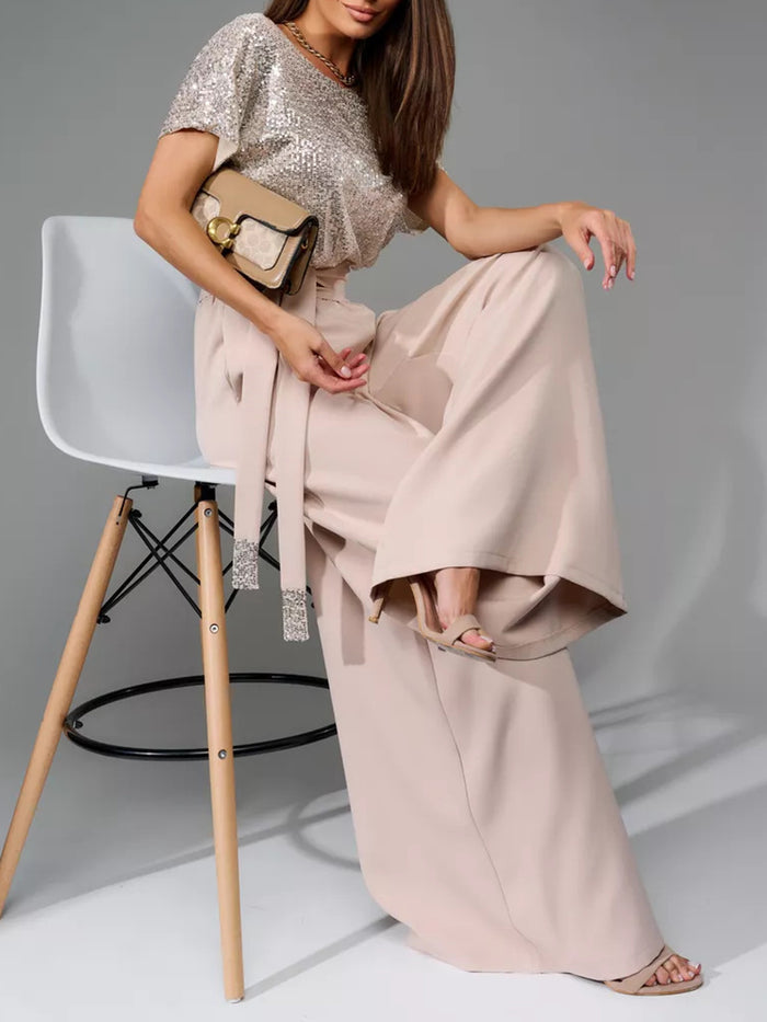 Full Size Sequin Round Neck Short Sleeve Wide-Leg Jumpsuit