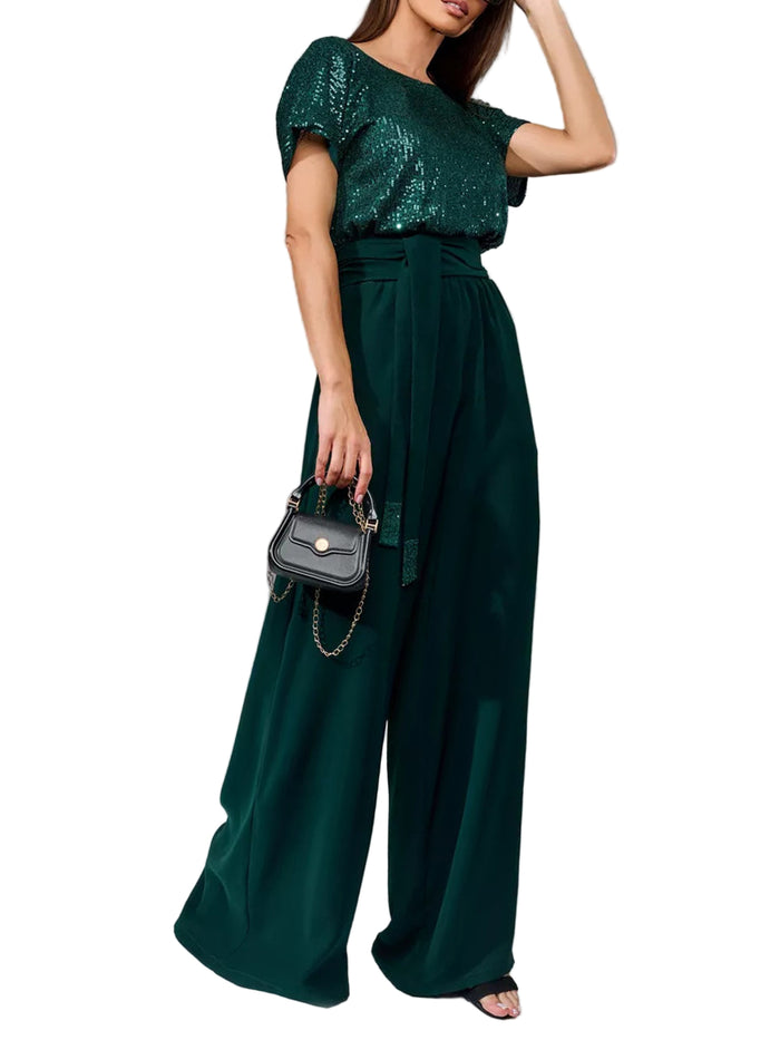 Full Size Sequin Round Neck Short Sleeve Wide-Leg Jumpsuit