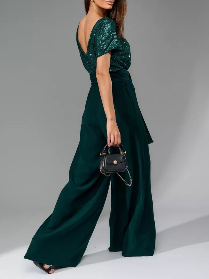 Full Size Sequin Round Neck Short Sleeve Wide-Leg Jumpsuit