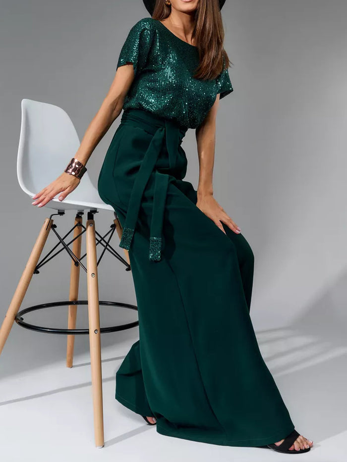 Full Size Sequin Round Neck Short Sleeve Wide-Leg Jumpsuit