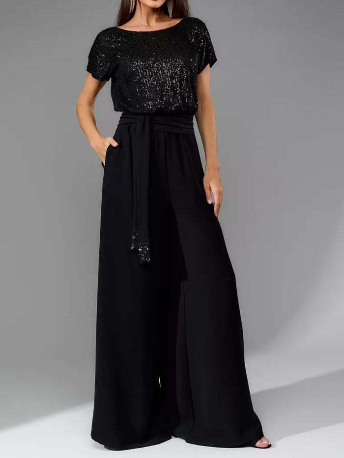 Full Size Sequin Round Neck Short Sleeve Wide-Leg Jumpsuit