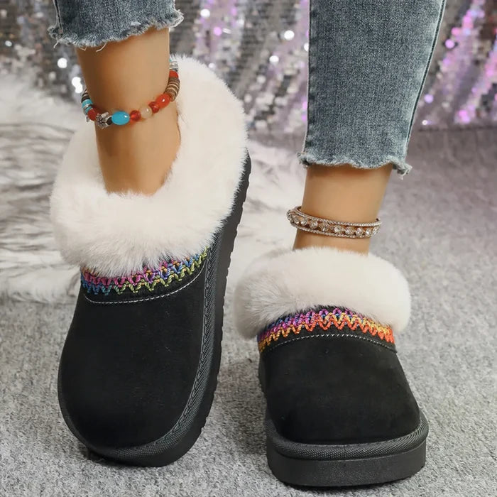 Fur-Lined Platform Boots with Decorative Woven Strap