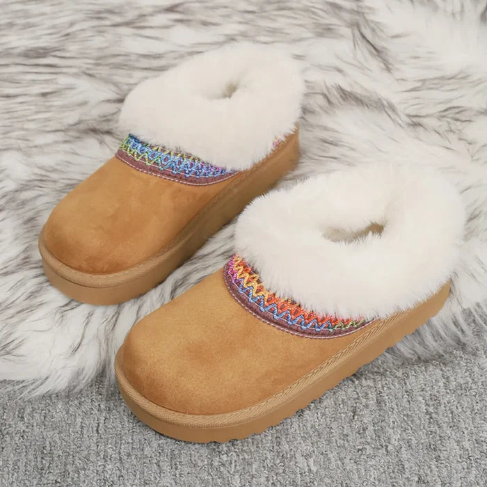 Fur-Lined Platform Boots with Decorative Woven Strap